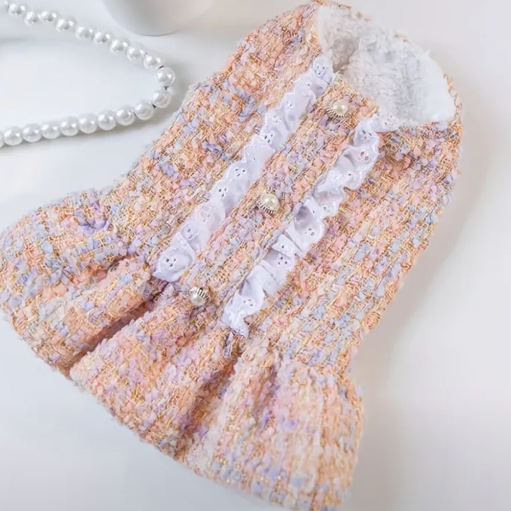 Chic Elegant Classy Tweed Terry Cloth Pearl Pink Peach Purple Dog Dress Coat XS